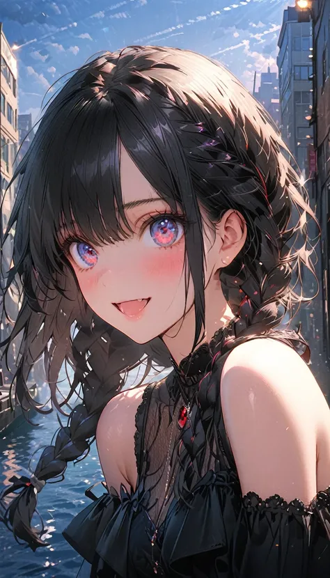 1 Female(prince,cute,cute,20-year-old,Long braids,Black Hair,Eye color: Ocean Blue,Big eyes,Dynamic pose,,Loose-lipped,Wearing a beautiful lace dress,suffer,Scared,Playfully、panic、smile、Bitter smile、Confused,(Grab her throat),avert your eyes,look up), brea...