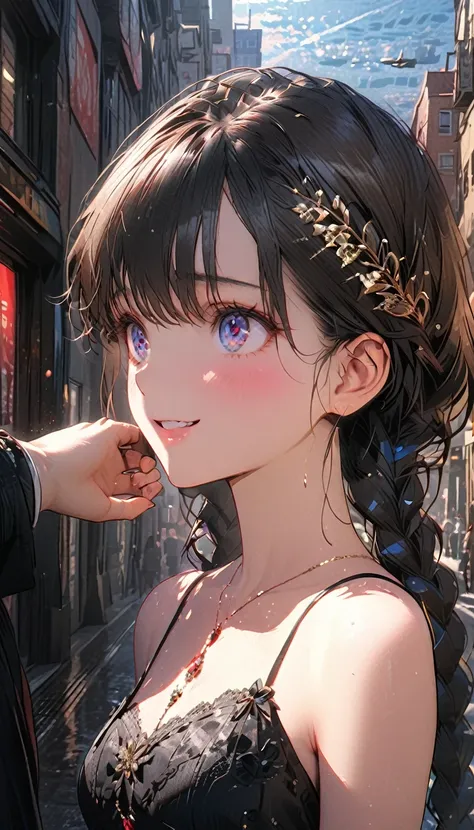 1 Female(prince,cute,cute,20-year-old,Long braids,Black Hair,Eye color: Ocean Blue,Big eyes,Dynamic pose,,Loose-lipped,Wearing a beautiful lace dress,suffer,Scared,Playfully、panic、smile、Bitter smile、Confused,(Grab her throat),avert your eyes,look up), brea...