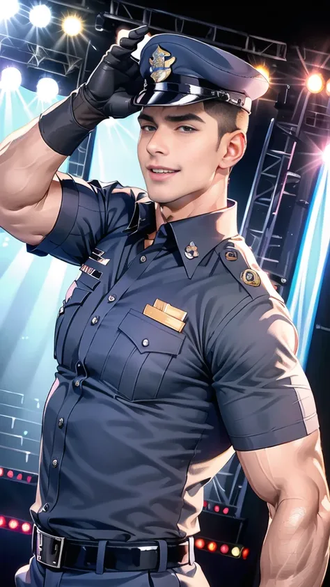 handsome man,(crew cut short hair:1.2),black eye,smile,open mouth
(navy police uniform:1.2),(shirt short sleeves:1.2),collar,(sh...