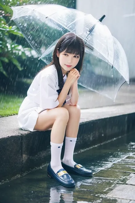 japanese , idol , bangs , summer clothes , rain , umbrella , navy socks , loafers