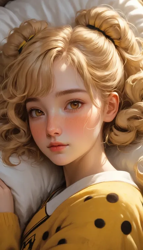 best quality, masterpiece, hogwarts students, hufflepuff, short hair with high twin tails., short hair with golden blonde twin t...