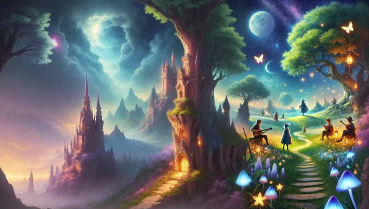 whimsical fantasy landscape art, Fantasy art style, Magical Landscapes, fantasy scene, Lost in a dreamy fairylandscape, Magic fantasy highly detailed, Background artwork, fantasy digital art, Anime fantasy illustration, Very beautiful fantasy art, Digital ...