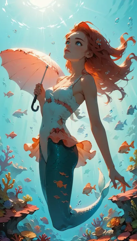 Minimalist Travel，diving，mermaid，Ariel、The girl is holding an umbrella and putting her hand on her cheek, Gazing into the distance, Thoughtful、Striking a dreamy pose, Conveying serenity and depth, Dutch Angle,Minimalism, In the beautiful coral reef, Colorf...