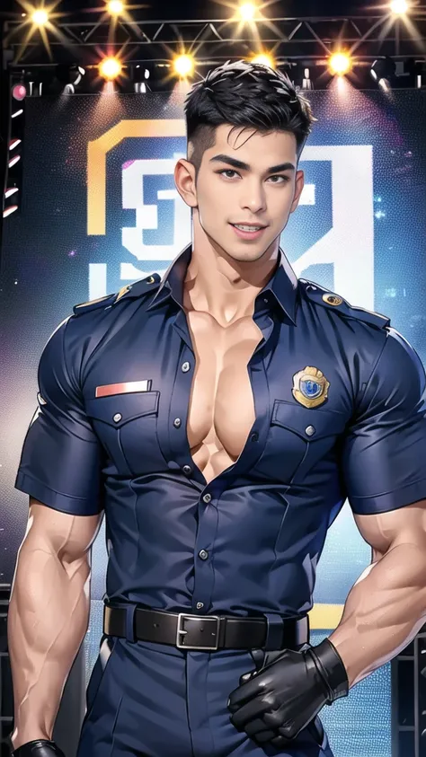 handsome man,(crew cut short hair:1.2),black eye,smile,open mouth (navy police uniform:1.2),(open shirt short sleeves:1.2),collar,(shirt covered over:1.2),(name tag and Police badge:1.2),(shirt no buttons:1.1),(black_gloves:1.3), (Navy blue cargo:1.2),Kore...