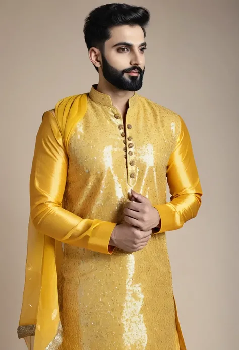 Yellow  sequin kurta pajama for men .wedding kurta for haldi function ,ultra realistic ,dancing mood 