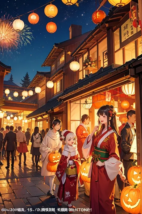 At the Christmas event venue、Japanese festival lanterns and Halloween pumpkins hang from above。The venue was decorated with fireworks and colorful decorations.、There is a lively atmosphere in the air。In manga style、Please draw this Christmas event.。
