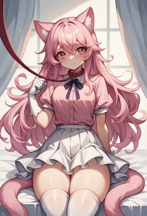 nothing, perfect white skin, detailed artwork, shiny pink hair, PINK CAT Ears, god of eyes, pink eyes, pink heart shaped eyes, long pink shirt, long shirt covering private parts, white silk gloves, warm pink, white thigh highs, cute thighs, short white ski...