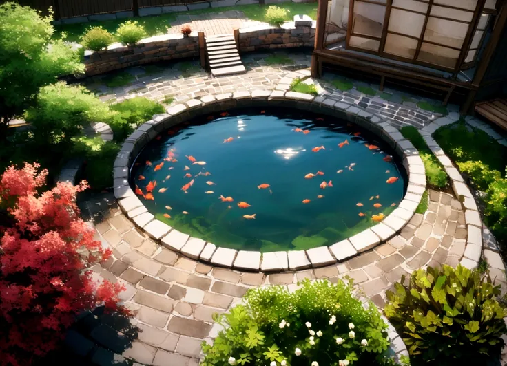 Aerial view, Outdoor koi pond surrounded by zen garden with a brick bench in the middle and brick bridges