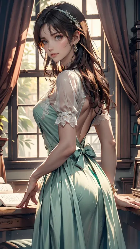 ((high quality work)), The writing is clear and concise, The green dress and the beautiful pleated lace complement each other., Enrich the overall picture, The elegant Edwardian lace dress and princess skirt add a lot of charm to the character., Gesture of...