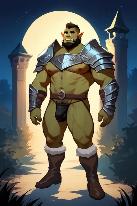 score_9, score_8_up, score_7_up, solo, male focus, mature male, orc, green skin, tusks, beard, outdoors, micro armor , shoulder armor, breastplate, upper body, closed mouth, pauldrons, night, night sky, standing , boots  , shirtless , (black g-string) , fu...