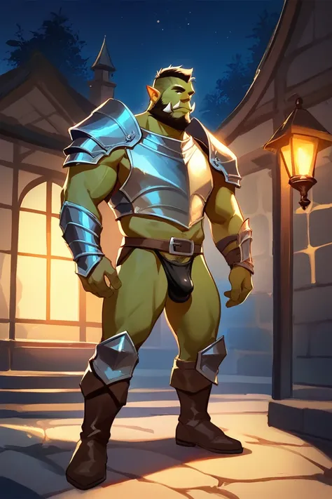 score_9, score_8_up, score_7_up, solo, male focus, mature male, orc, green skin, tusks, beard, outdoors, micro armor , shoulder armor, breastplate, upper body, closed mouth, pauldrons, night, night sky, standing , boots  , shirtless , (black g-string) , fu...