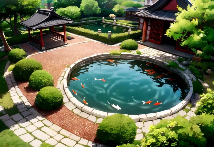 Aerial view, Outdoor koi pond surrounded by zen garden with a brick bench in the middle and brick bridges