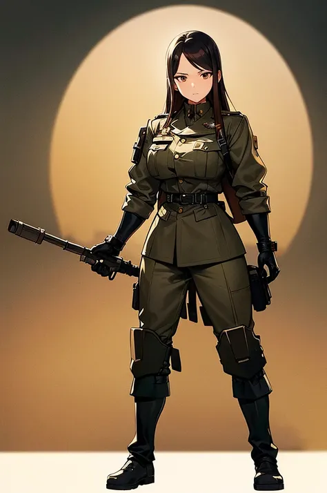 Content:
A black anime woman in a uniform inspired by German WW2 attire, standing in the desert. She has a mature face with long brown hair and brown eyes, exuding confidence and authority. She is depicted as a military general.

Medium:
Concept art, digit...