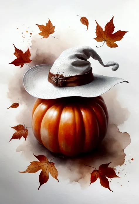 Three smiling ghosts，Wear a white hat，Holding orange pumpkin，The ground is covered with fallen autumn leaves，Autumn Texture，White background，Dotted with orange and brown。Warm tones of orange and brown，It gives a softness、Simple feeling。Hand drawn watercolo...