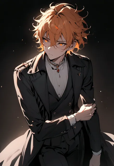 Best Quality,Masterpiece,detailed, boy with orange hair, short hair, orange white eyes, elegant black trench coat, Black pants, messy hair, ojos extremadamente detaileds ,Alone