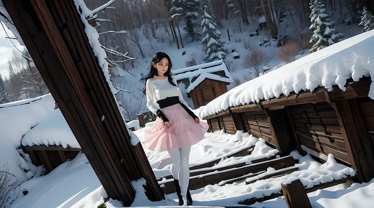 (best quality,high resolution:1.2), very detailed, realistic portrait, sexy woman,, pretty face, perfect long legs, whole body, small waist. big bust, standing, tight white jumper, black high waist leggings, pink and white boots, in the snow, big blue eyes...