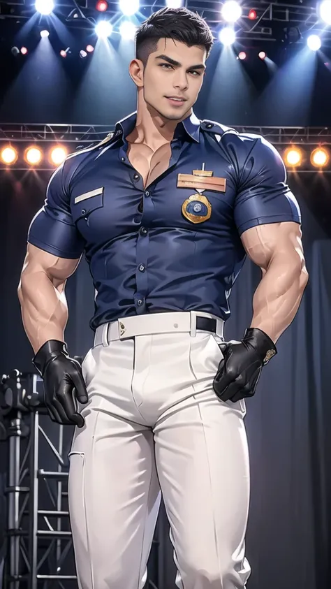 handsome man,(crew cut short hair:1.2),black eye,smile,open mouth (navy police uniform and t-shirt:1.2),(open shirt short sleeves:1.2),collar,(shirt covered over:1.2),(name tag and Police badge:1.2),(shirt no buttons:1.1),(black_gloves:1.3), (Navy blue car...