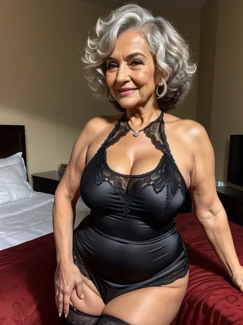 Mature old woman 80 years with curly silver hair, plus size, old face and body with many wrinkles, smiling, loose skin, standing at bedroom posing for photo, She satin black lace dress with red print and large neckline and lace stockings, side view. jaw dr...