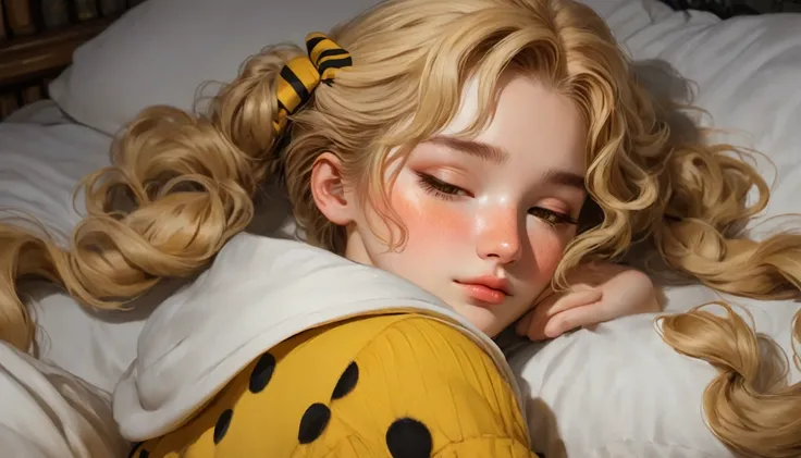 best quality, Masterpiece, Hogwarts students, Hufflepuff, Short hair with high twin tails., Short hair with golden blonde twin tails., sleeping, cute and bright, Freckles on the face, brown eyes details, detailed face, Beautiful skin, soft light, mysteriou...