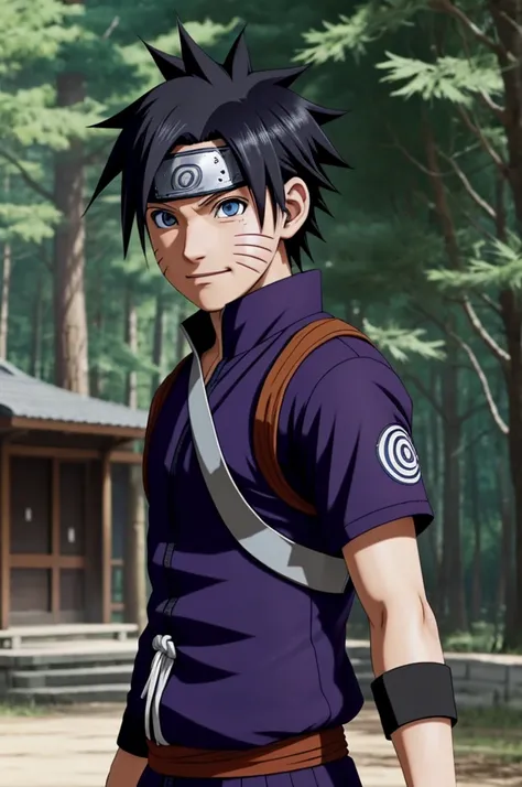 Screenshot of Naruto Shippuden. 
Boy with short raven hair, with a ninja band on his forehead, blue eyes, he has a happy expression, he is wearing the ambu uniform and in the background the Hokage&#39;s Office and he is standing with the ambu mask in his h...