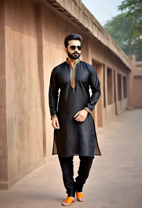 Black solid color kurta pajama for men , wearing rajsthani jutti ,ultra realistic ,dancing mood 