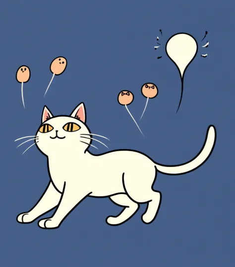 there is a drawing of a Cat with a tail, Cat design, Will Barnett (Will Barnet) of inspiration, illustration of a Cat, running Cat, anthropomorphic Cat, Simple drawing method, !!! Cat!!!, Cat is floating in air, tufty whiskers, Inspired by Charles Ginner, ...