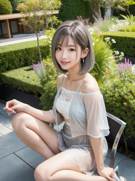 (8K, Realistic, RAW Photos, Highest quality: 1.4, detailed),Japanese idol-style beautiful girl,1 person,18-year-old,(Short Bob),(Silver Hair :1.1),She has her hair tucked behind her ears,Large, clear grey eyes,Long eyelashes,(piercings(small)),(Lip gloss),...