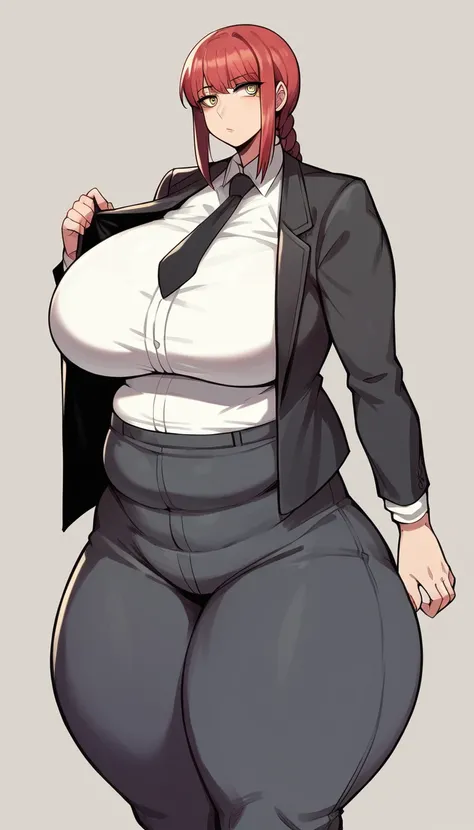 makima, braided ponytail, ringed eyes, formal, black jacket, white shirt, black necktie, black pants, mature female, milf, motherly, wide hips, massive thighs, gigantic breasts, plump, big round breasts, big ass, obese, pot belly