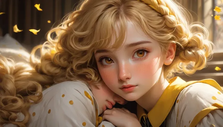 best quality, Masterpiece, Hogwarts students, Hufflepuff, Short hair with high twin tails., Short hair with golden blonde twin tails.,Beautiful  sleeps, cute and bright, Freckles on the face, brown eyes details, detailed face, Beautiful skin, soft light, m...