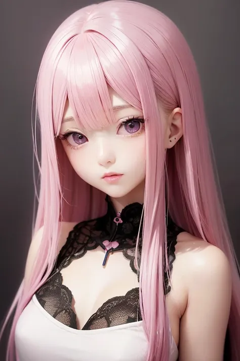 High quality、Perfect Anatomy、Perfect human anatomy、Perfect balance、Pink Hair ,  Super Real Anime, Cute realistic portrait, Photorealistic,  Cute girl rendering, Very cute girl face, slightly smaller eyes、Oculus、Plump lips、White porcelain skin、Those pitch b...