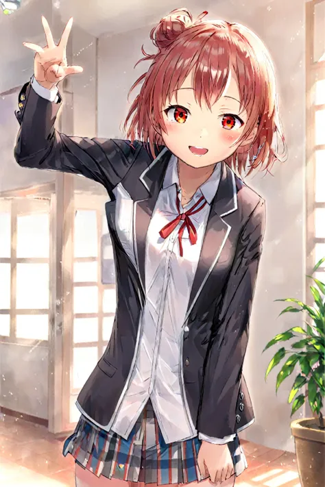 yuigahama yui,red eyes,blazer,smile,indoors,hand up,