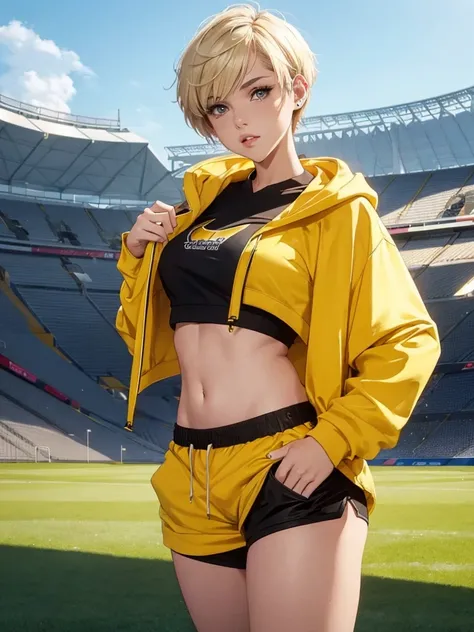 a beautiful sexy girl, short blonde hair in a pixie cut , wearing a yellow hoodie, studded ears, black boyshorts, posing on a soccer field with a stadium in the background, (best quality,4k,8k,highres,masterpiece:1.0),