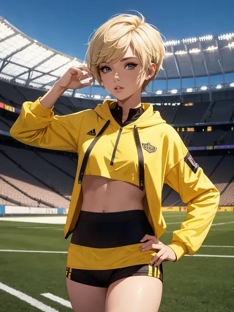 a beautiful sexy girl, short blonde hair in a pixie cut , wearing a yellow hoodie, studded ears, black boyshorts, posing on a soccer field with a stadium in the background, (best quality,4k,8k,highres,masterpiece:1.0),