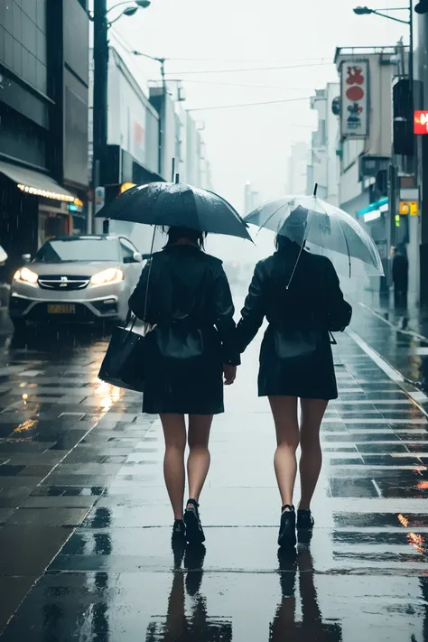 ((Masterpiece, top quality, high resolution)), ((highly detailed CG unified 8K wallpaper)), (huge stunning goddess shot, very hot and sexy, jaw-dropping beauty, perfect proportions, beautiful body, slim body beauty:1.1), people walking in the rain with umb...