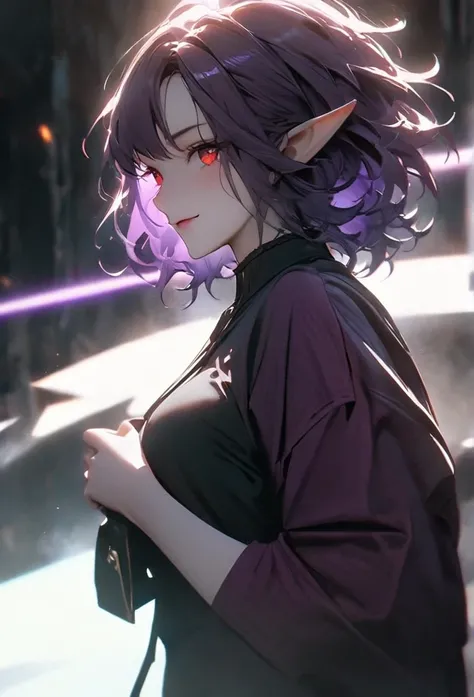 (solo), purple hair, messy hair, mane hair, short hair, short hair, dense hair, wild hair, expressive hair, mature,(25 year old), elf ears, pale skin, red eyes, ((femal)), wearing a black dress shirt, wearing a purple jacket,, rolled up sleeves, beautiful,...