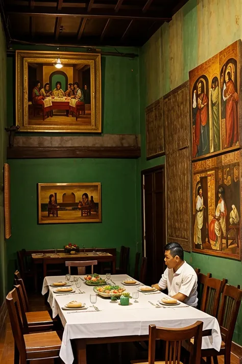 Old filipino dining room with the last supper painting on the wall. No table and chairs.