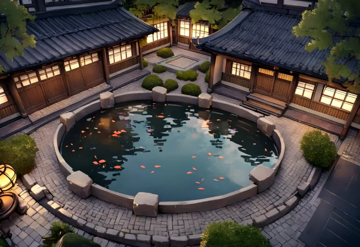 aerial view, outdoor koi pond surrounded by zen garden with a brick bench in the middle and brick bridges