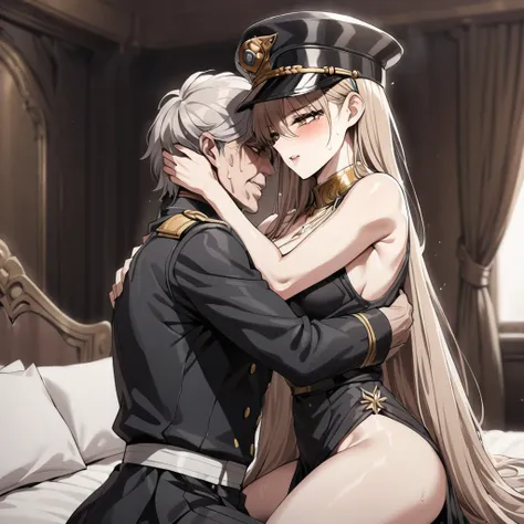 ((Highest quality)), ((masterpiece)), (detailed), （Perfect Face）、The woman is Princess Leona having sex. She has medium-long light brown hair and is wearing a sexy black military uniform and military cap for women. In a luxurious room, she is embraced by a...