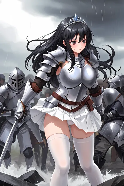 female knight　armor　Torn white skirt　Torn white tights　White underwear　Black Hair　Shortcuts　battlefield　heavy rain　tiara　In combat