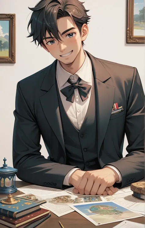 (best picture quality, masterpiece, anime), 1 male, age 40, smile, mysterious, black suit, dandy, 4k, best picture qua