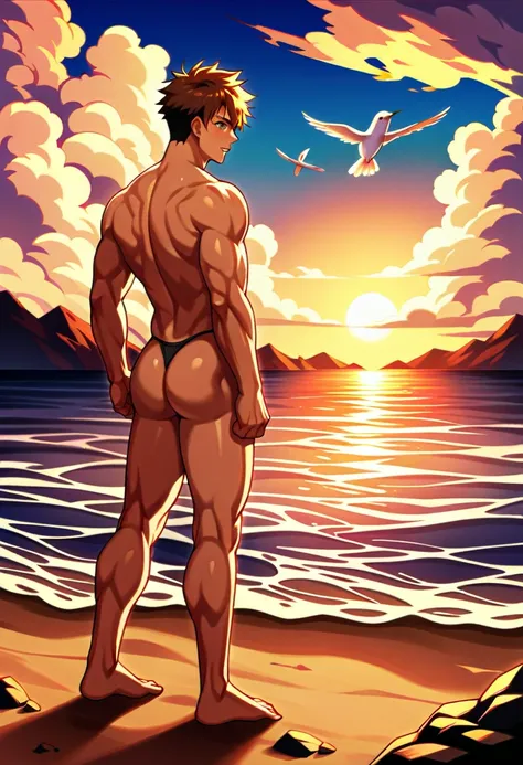 Painting of a muscular young man standing on the beach watching the sunset.. The light behind him turned the young man into a dark shadow.. The young man was a high school student with long bangs., wearing thong underwear, Revealing his huge, round butt.. ...