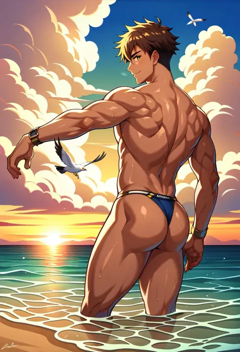 Painting of a muscular young man standing on the beach watching the sunset.. The light behind him turned the young man into a dark shadow.. The young man was a high school student with long bangs., wearing thong underwear, Revealing his huge, round butt.. ...