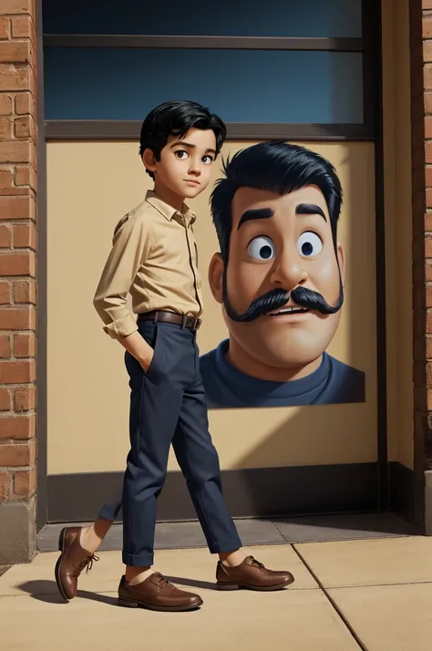 Disney Pixar poster of boy with black hair with beard black eyes, navy blue long sleeve shirt beige pants and brown shoes 