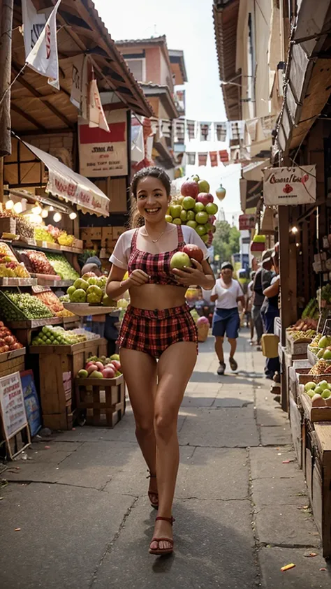 very realistic 4D caricature portrait, a busy traditional market with traders selling their wares, a cute little  is running while carrying a balloon, making the fruit seller laugh when she almost hits a pile of apples