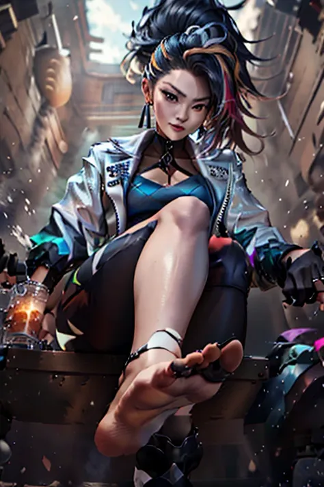 masterpiece, best quality, highres, akali, 1girl, k/da \(league of legends\), solo,  (black hair:1.1), blonde hair, (multicolore...