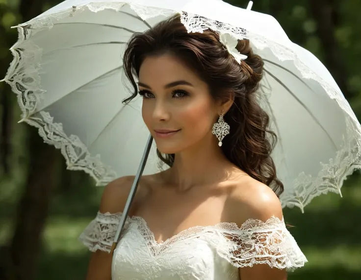 A huge white parasol in finely crafted lace offers shade to a sublime happy and radiant woman