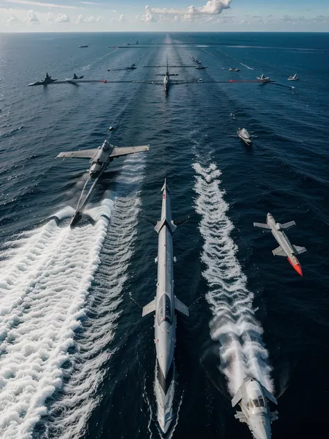 Naval fleet assembly,   Exercises in progress, Fighter jets in the sky，Joint exercise between fighter jets and warships，Mutual bombing，Red Alert 2 aesthetic design