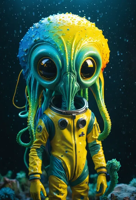 8K, ARTISTIC photogrAphy, best quAlity, mAsterpiece: 1.2), A (potrAit:1.2) Don Bluth Style  ASTRONAUT Cthulhu yellow Toon Doll, full body RAW candid cinema, cyan hair, 16mm, color graded portra 400 film, remarkable color, ultra realistic, sad admosphere, d...