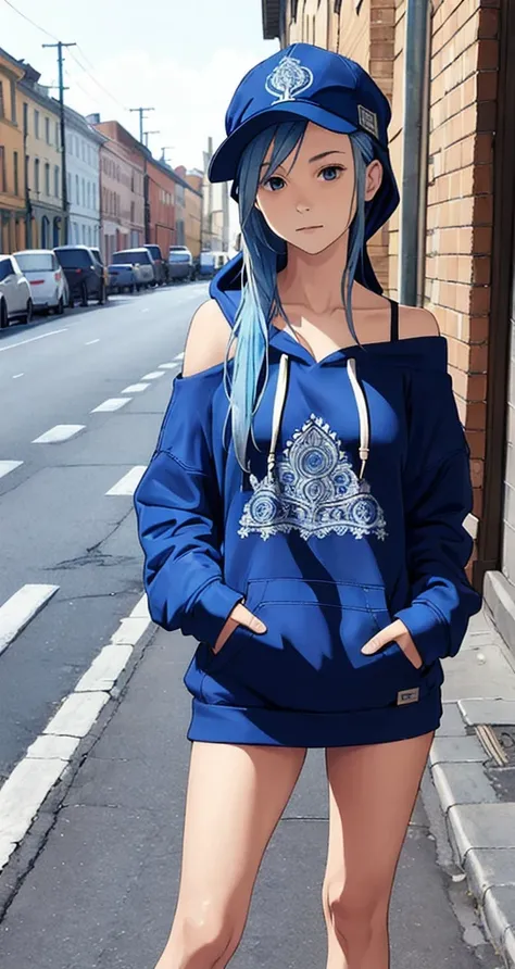 (intricate detail, beautiful:1.2) masterpiece,1girl,solo,long hair,blue hair,hoodie,off shoulder:1.2, mob cap, street,hand on hi...