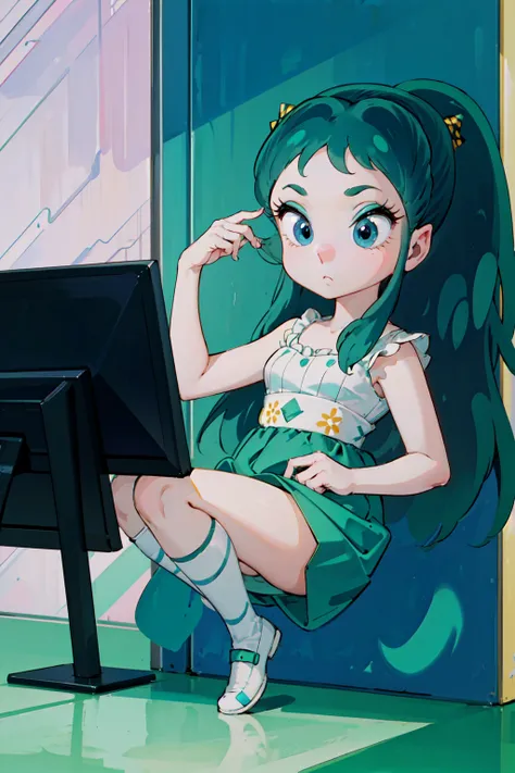 score_9, score_8_up, score_7_up, lum, solo, retro artstyle, 1980s style, blue eyes, eyeshadow, green hair, bangs, aqua hair, dynamic angle, large breasts, large ass, little tribal,(((little,small tiny body,chibi,small))),(((6 years old))),(((1 toddler:1.4)...